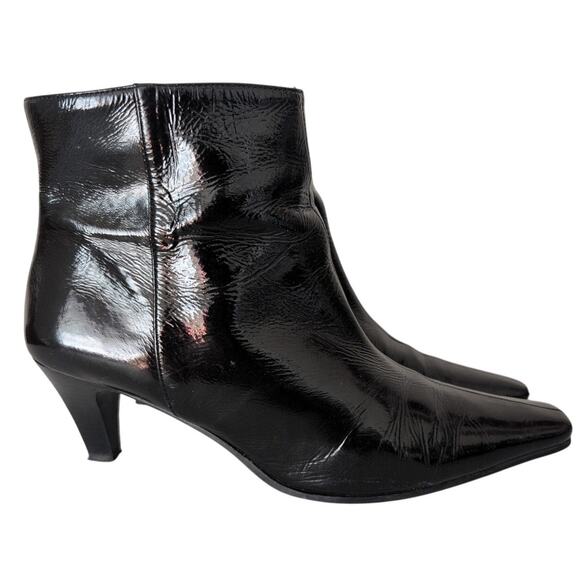 VTG Patent Leather Kitten Heel Ankle Boots Women 9 Minimalist Classic Capsule - Picture 1 of 9